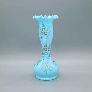 Victorian Late 19th Century Bristol Blue Milk Glass, Hand Painted, Hand Blown